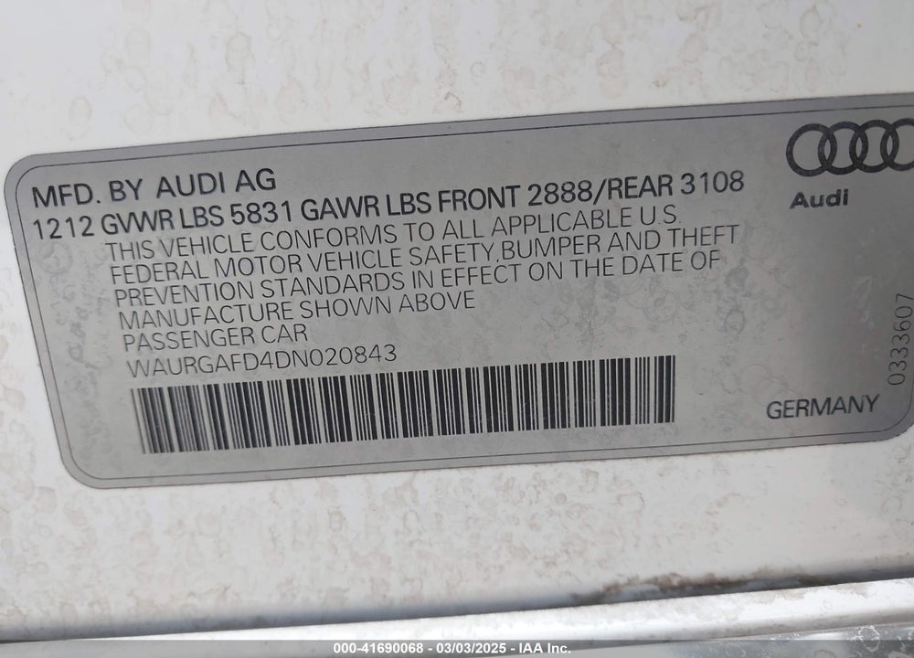 2013 AUDI A8 VIN: WAURGAFD4DN020843