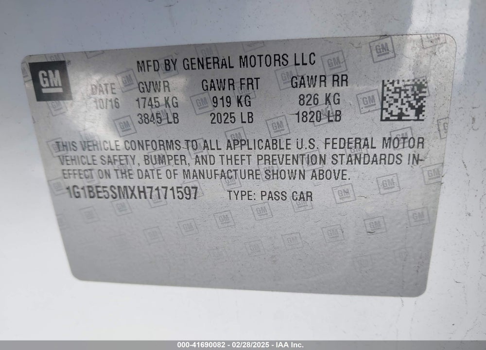 2017 CHEVROLET CRUZE VIN: 1G1BE5SMXH7171597