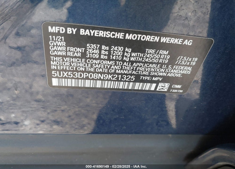2022 BMW X3 XDRIVE30I VIN: 5UX53DP08N9K21325