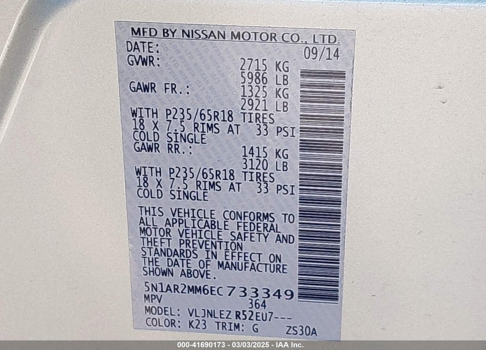 2014 NISSAN PATHFINDER SV VIN: 5N1AR2MM6EC733349