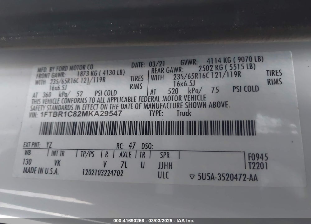 2021 FORD TRANSIT-250 VIN: 1FTBR1C82MKA29547