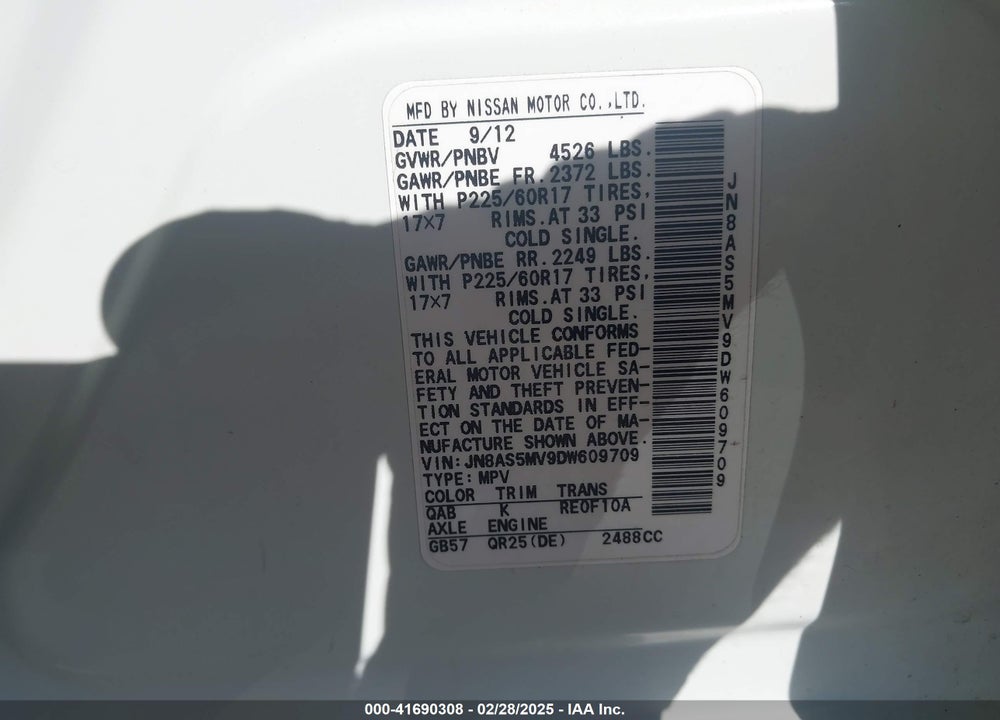 2013 NISSAN ROGUE VIN: JN8AS5MV9DW609709