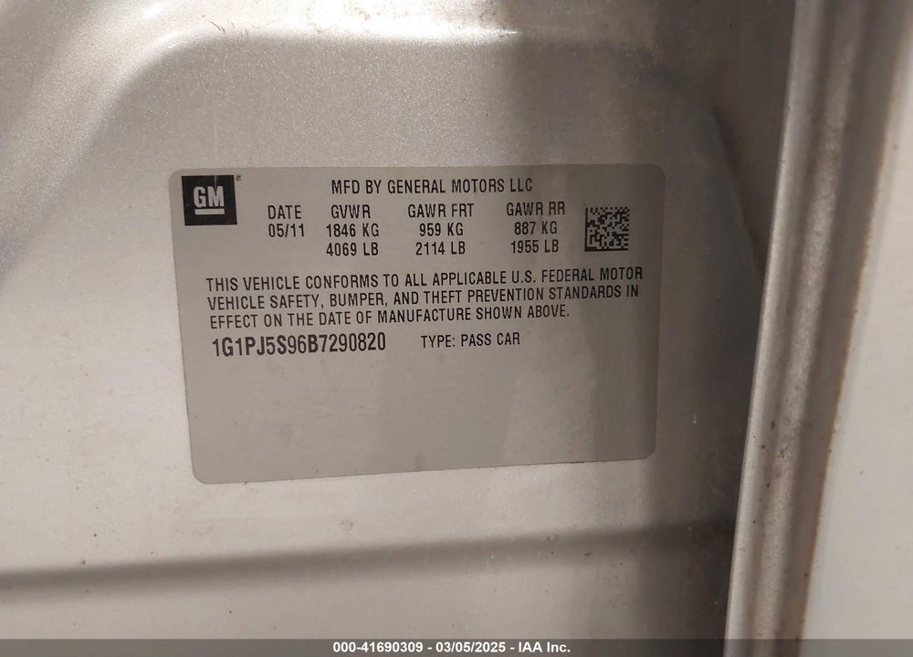 2011 CHEVROLET CRUZE ECO VIN: 1G1PJ5S96B7290820