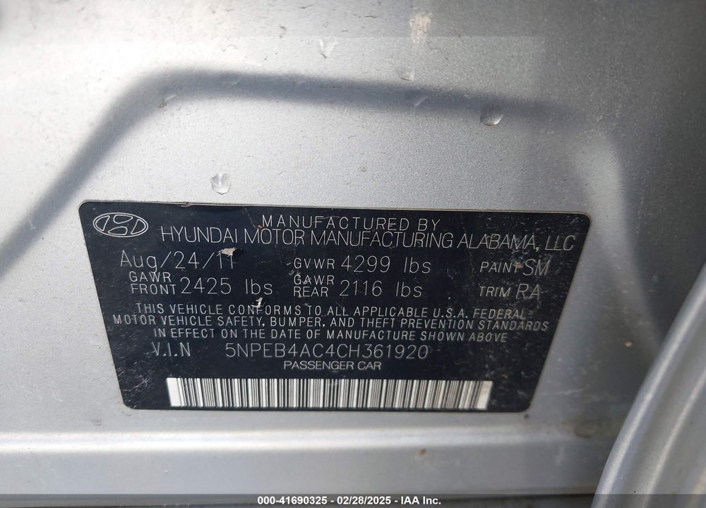 2012 HYUNDAI SONATA VIN: 5NPEB4AC4CH361920