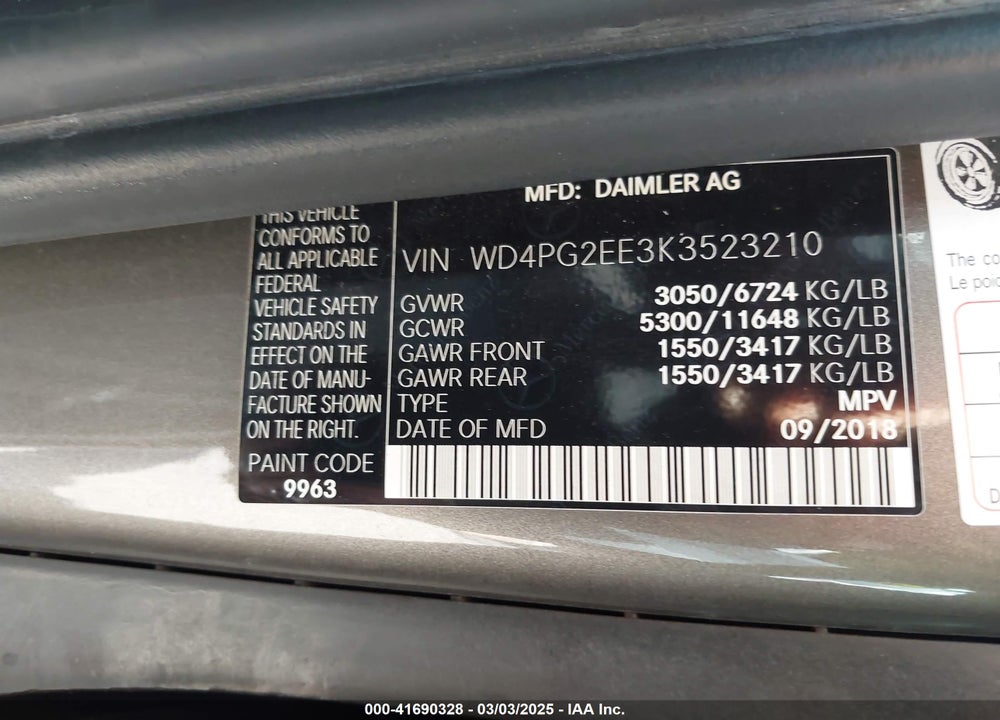 2020 MERCEDES-BENZ METRIS VIN: WD4PG2EE3K3523210