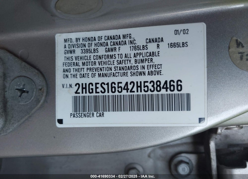 2002 HONDA CIVIC LX VIN: 2HGES16542H538466