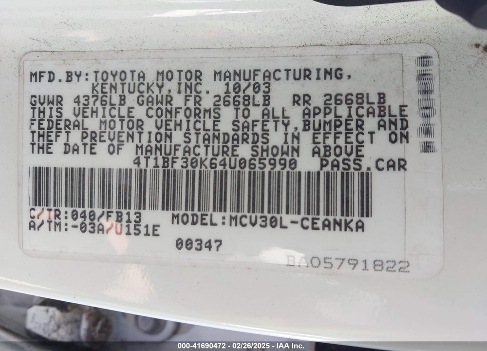 2004 TOYOTA CAMRY LE V6 VIN: 4T1BF30K64U065990