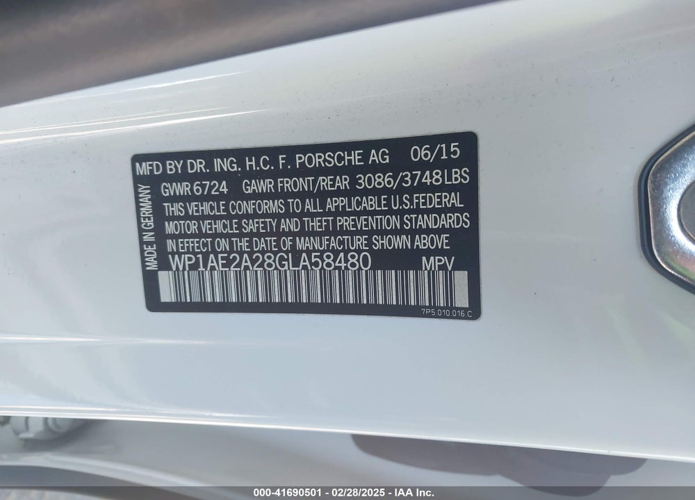 2016 PORSCHE CAYENNE E-HYBRID VIN: WP1AE2A28GLA58480
