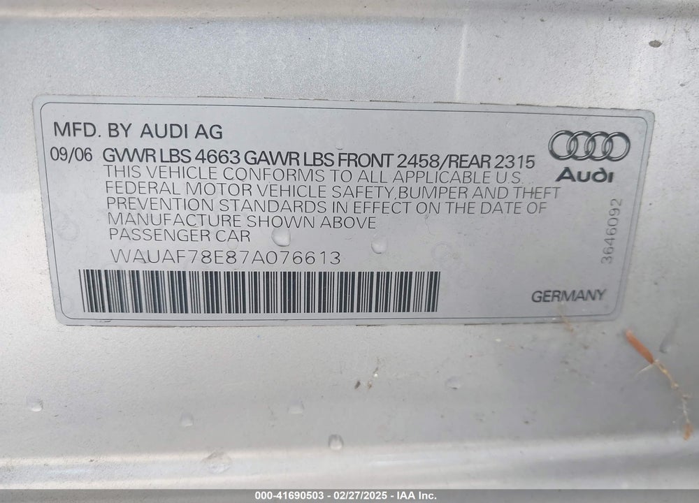 2007 AUDI A4 VIN: WAUAF78E87A076613