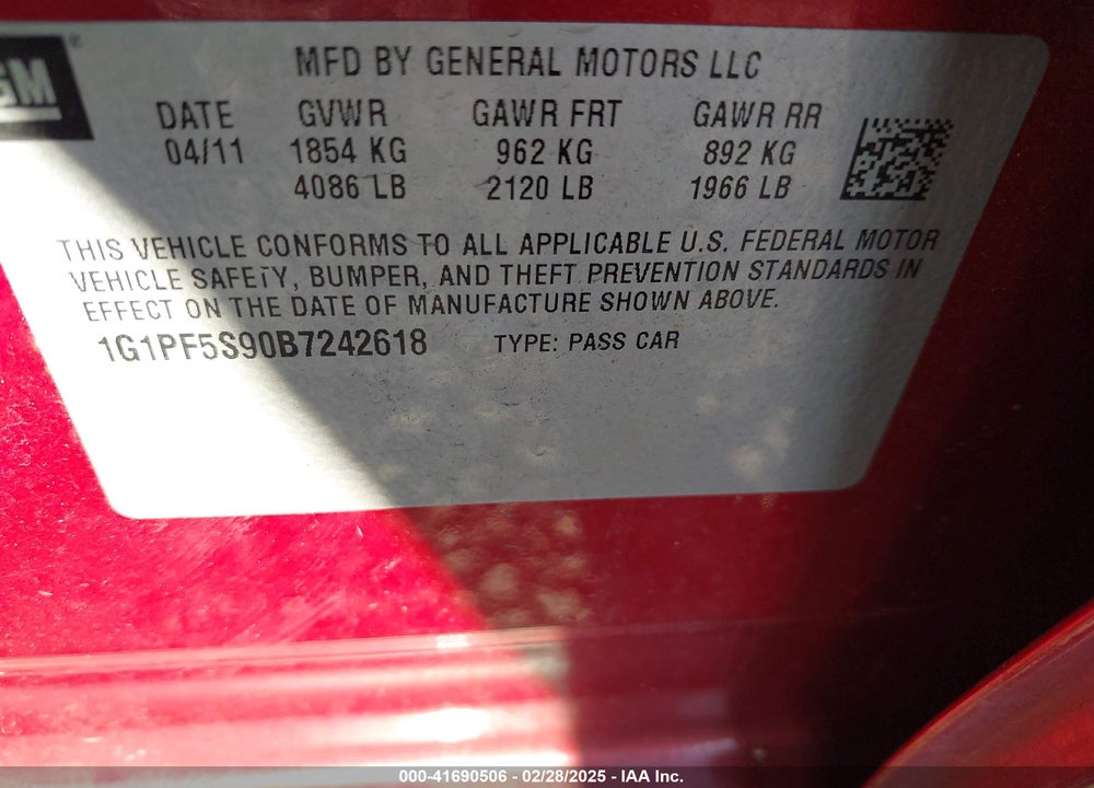 2011 CHEVROLET CRUZE VIN: 1G1PF5S90B7242618
