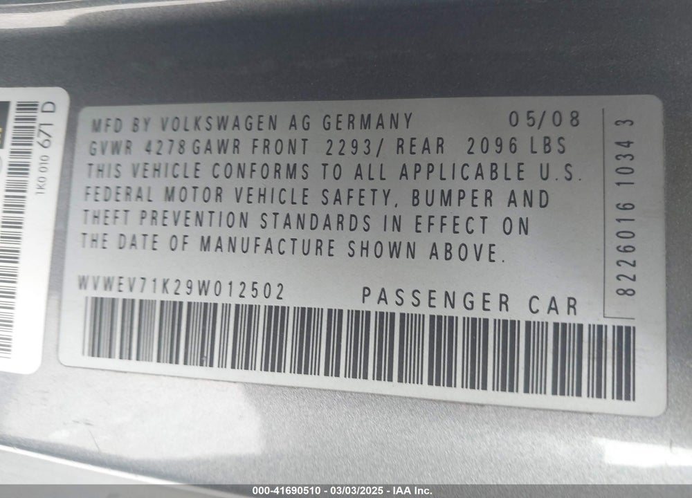 2009 VOLKSWAGEN GTI VIN: WVWEV71K29W012502