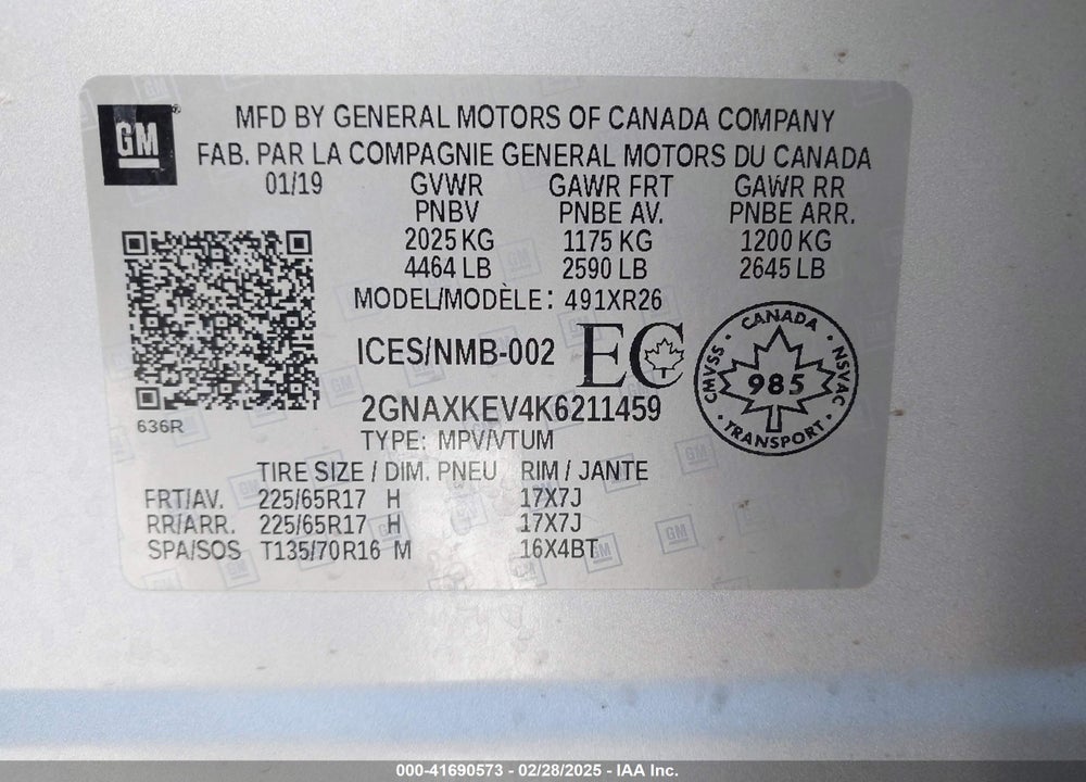2019 CHEVROLET EQUINOX VIN: 2GNAXKEV4K6211459