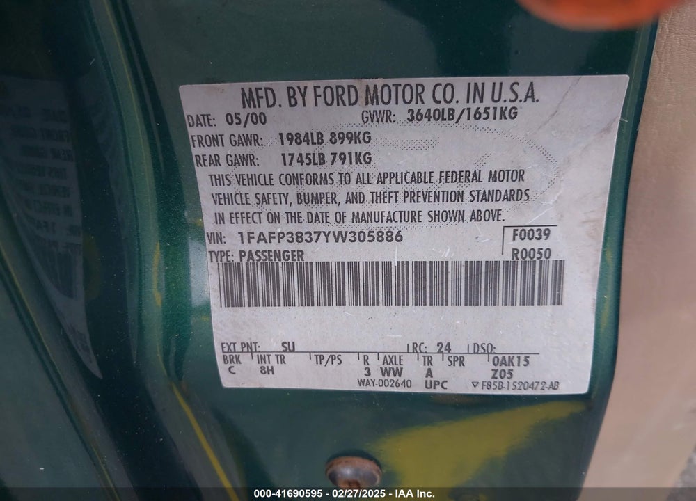2000 FORD FOCUS ZTS VIN: 1FAFP3837YW305886