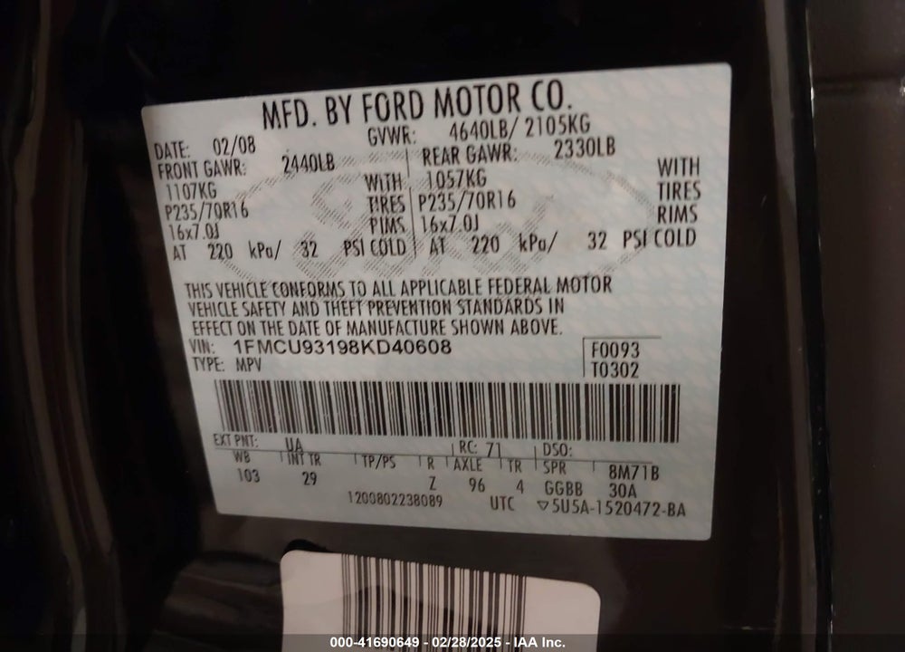 2008 FORD ESCAPE VIN: 1FMCU93198KD40608