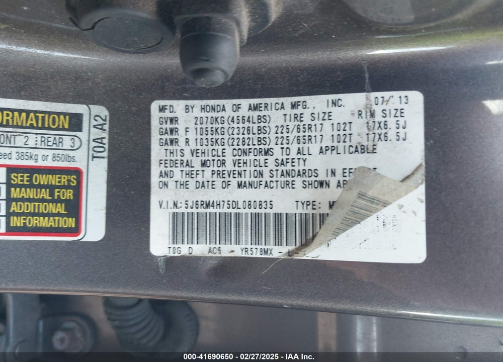 2013 HONDA CR-V VIN: 5J6RM4H75DL080835
