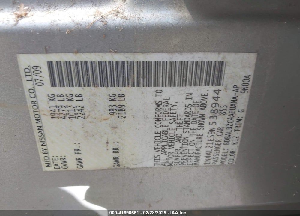 2009 NISSAN ALTIMA VIN: 1N4AL21E59N538944