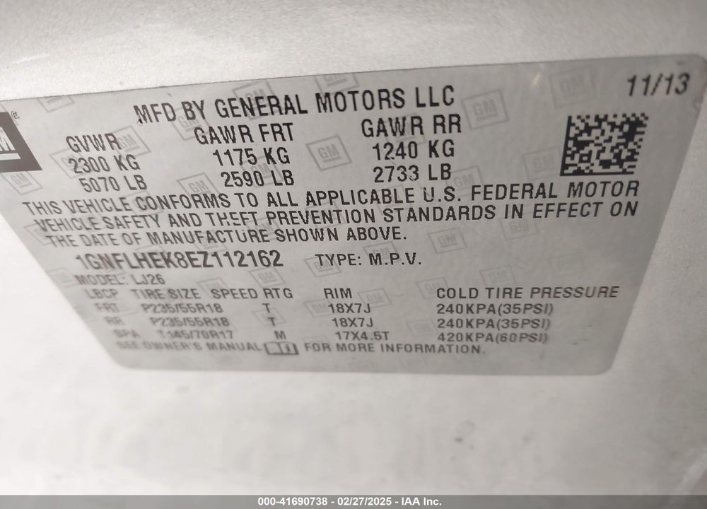 2014 CHEVROLET EQUINOX VIN: 1GNFLHEK8EZ112162