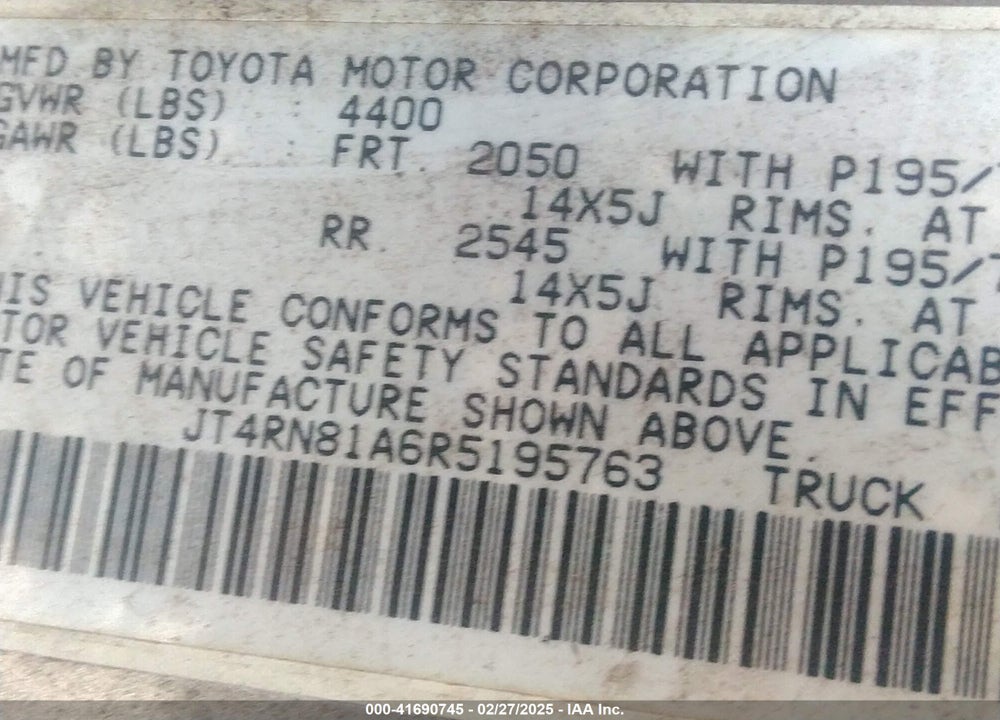 1994 TOYOTA PICKUP 1/2 TON SHORT WHEELBASE VIN: JT4RN81A6R5195763