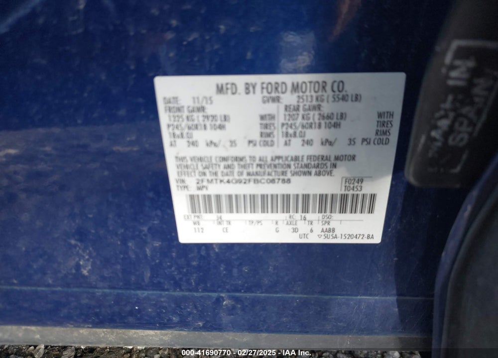 2015 FORD EDGE VIN: 2FMTK4G92FBC08788
