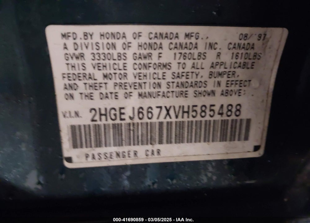 1997 HONDA CIVIC LX VIN: 2HGEJ667XVH585488