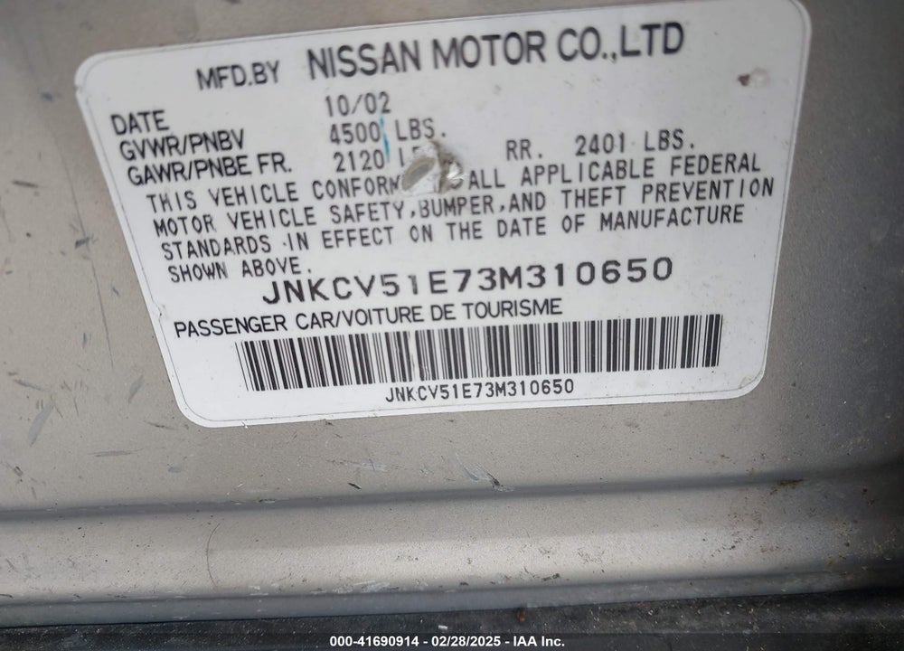 2003 INFINITI G35 VIN: JNKCV51E73M310650