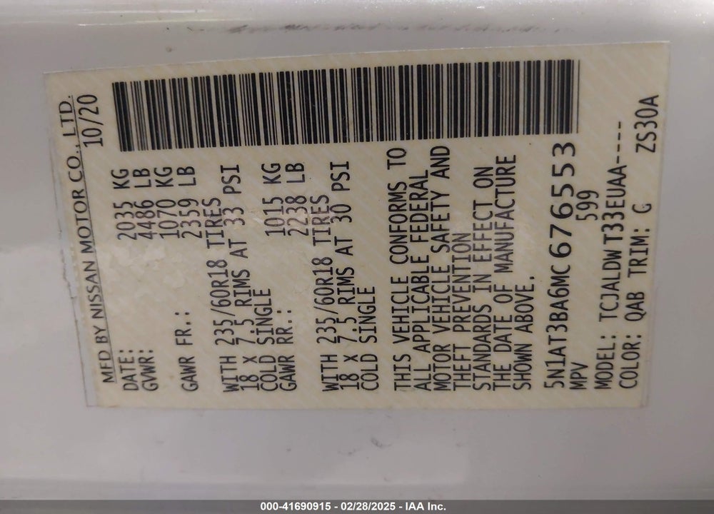 2021 NISSAN ROGUE VIN: 5N1AT3BA6MC676553