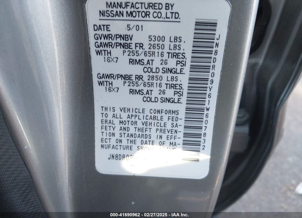 2001 NISSAN PATHFINDER VIN: JN8DR09Y61W607832