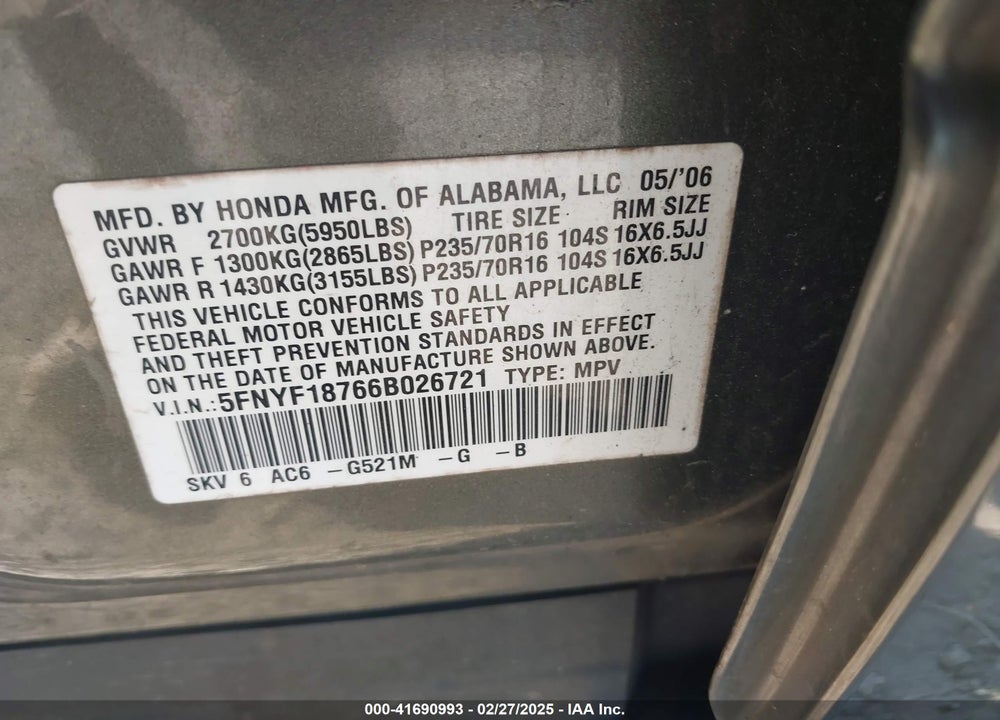 2006 HONDA PILOT EX-L VIN: 5FNYF18766B026721