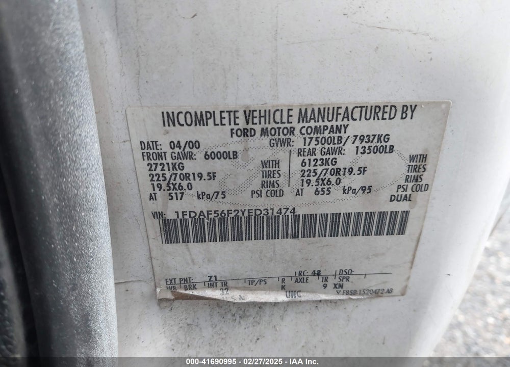 2000 FORD F 550 VIN: 1FDAF56F2YED31474