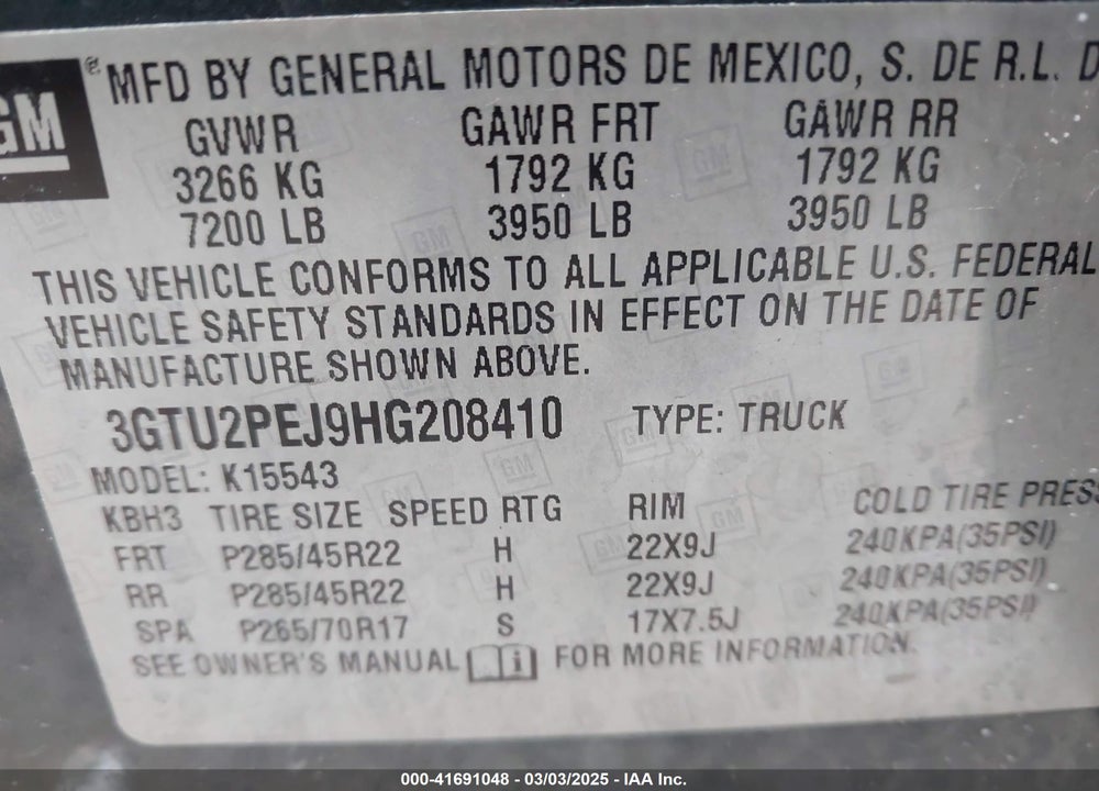 2017 GMC SIERRA 1500 VIN: 3GTU2PEJ9HG208410