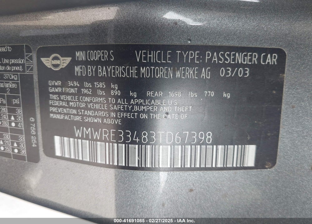2003 MINI COOPER S VIN: WMWRE33483TD67398