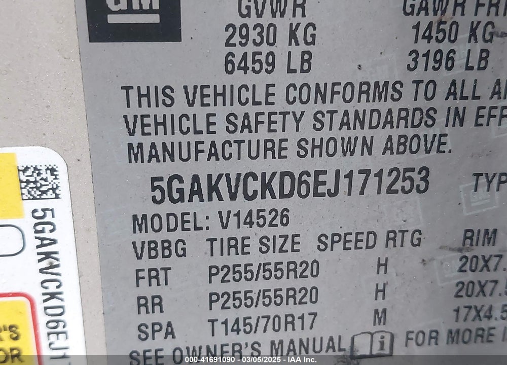 2014 BUICK ENCLAVE PREMIUM VIN: 5GAKVCKD6EJ171253