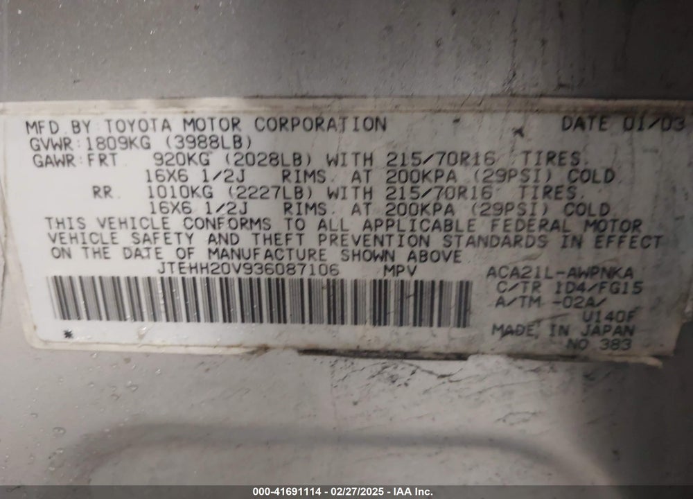 2003 TOYOTA RAV4 VIN: JTEHH20V936087106