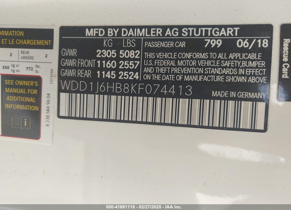 2019 MERCEDES-BENZ E VIN: WDD1J6HB8KF074413