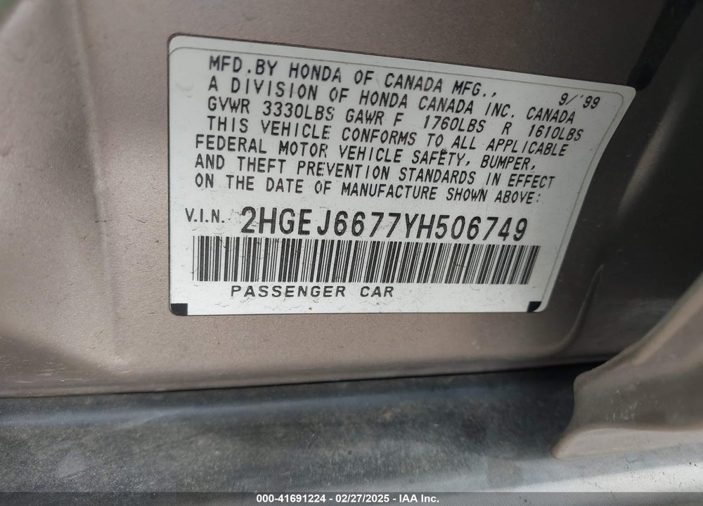 2000 HONDA CIVIC LX VIN: 2HGEJ6677YH506749