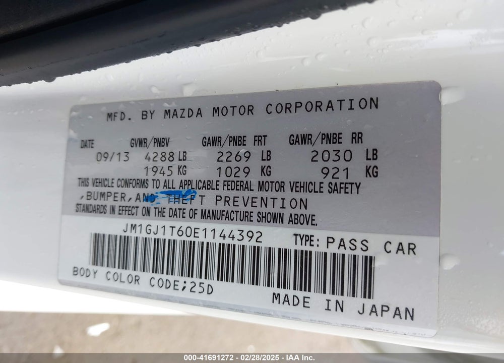 2014 MAZDA MAZDA6 VIN: JM1GJ1T60E1144392