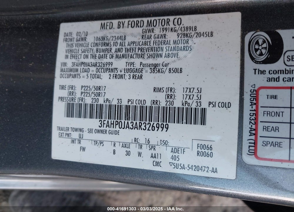 2010 FORD FUSION VIN: 3FAHP0JA3AR326999