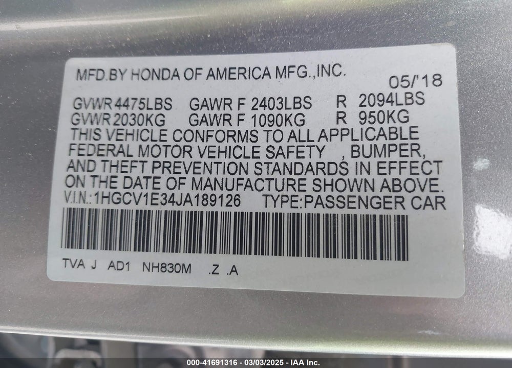 2018 HONDA ACCORD VIN: 1HGCV1E34JA189126