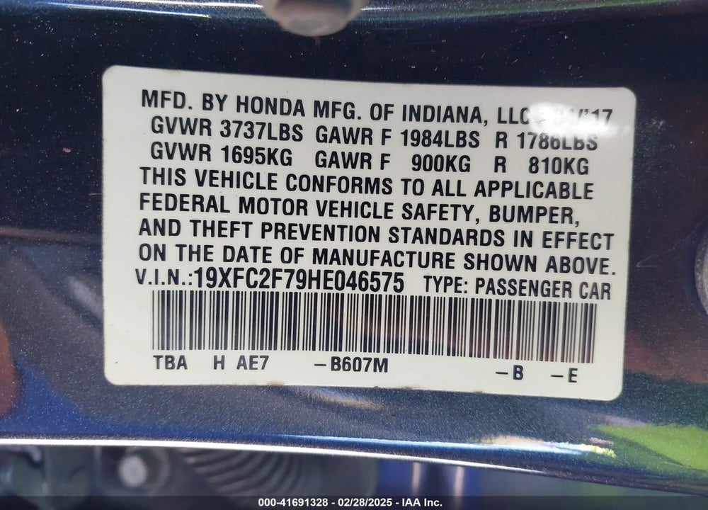 2017 HONDA CIVIC VIN: 19XFC2F79HE046575