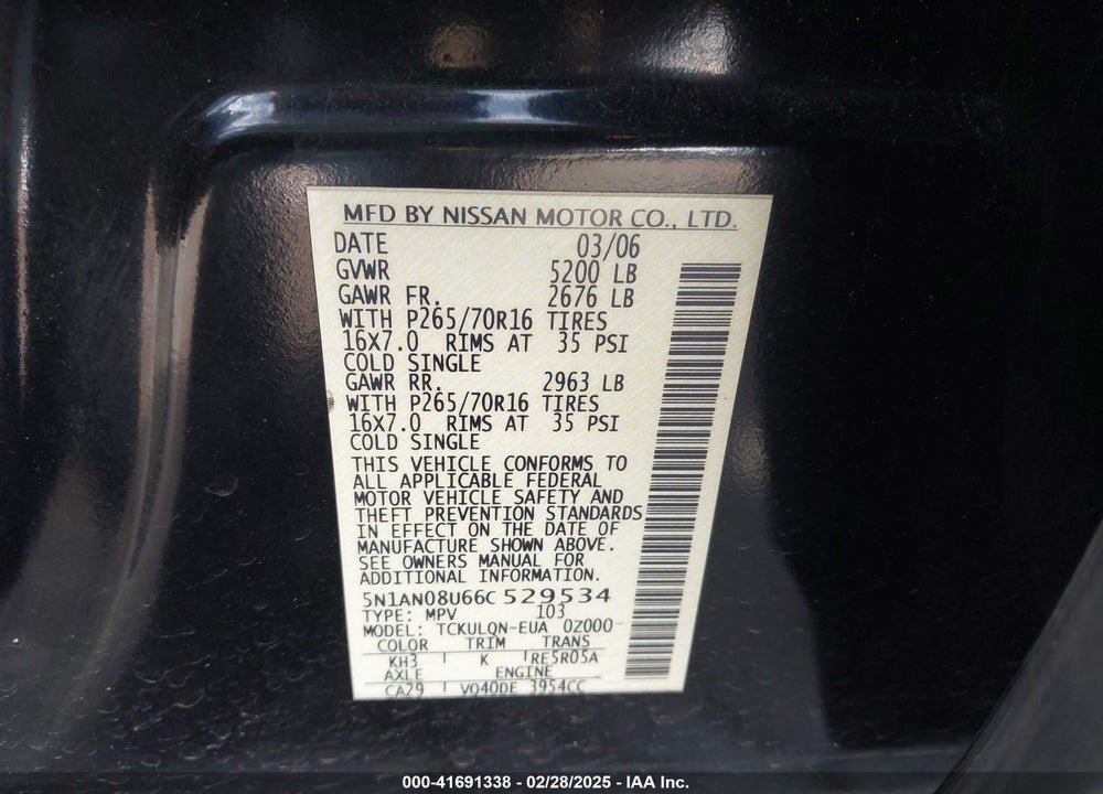 2006 NISSAN XTERRA VIN: 5N1AN08U66C529534