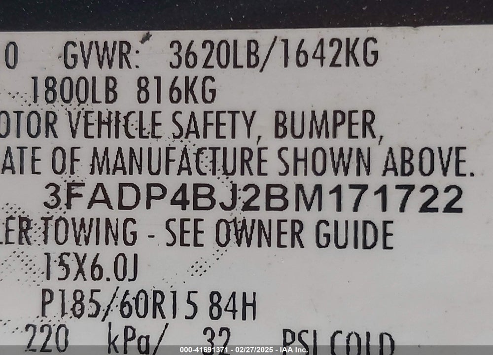 2011 FORD FIESTA VIN: 3FADP4BJ2BM171722