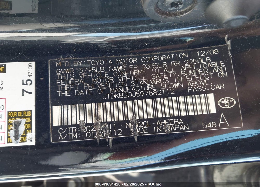 2009 TOYOTA PRIUS VIN: JTDKB20U597882112