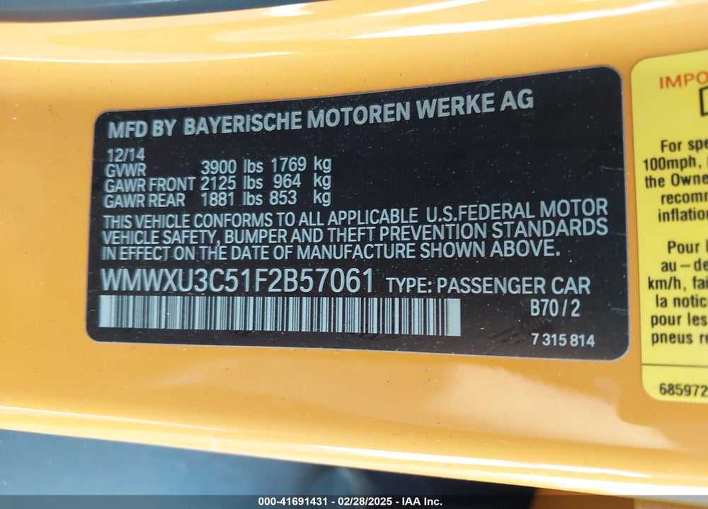 2015 MINI HARDTOP VIN: WMWXU3C51F2B57061