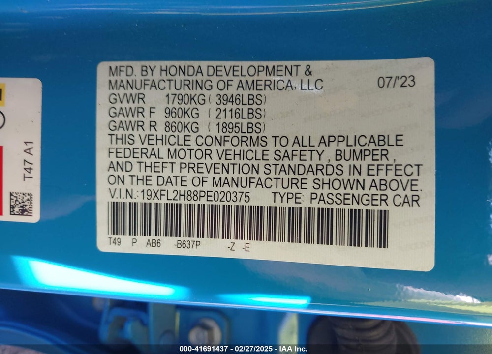 2023 HONDA CIVIC SPORT VIN: 19XFL2H88PE020375