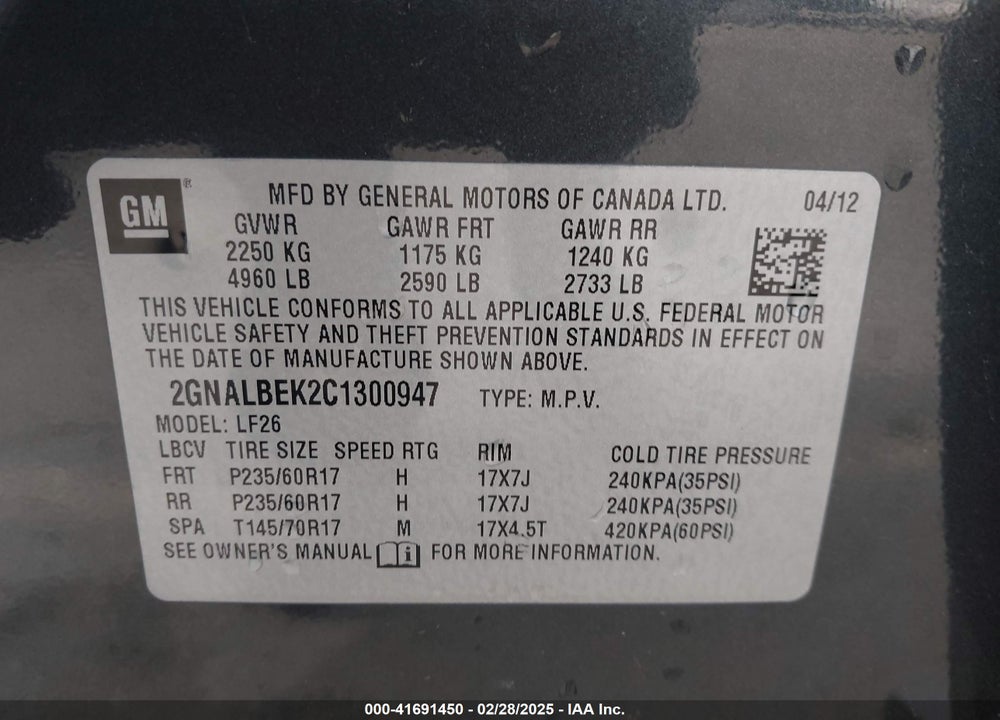 2012 CHEVROLET EQUINOX LS VIN: 2GNALBEK2C1300947