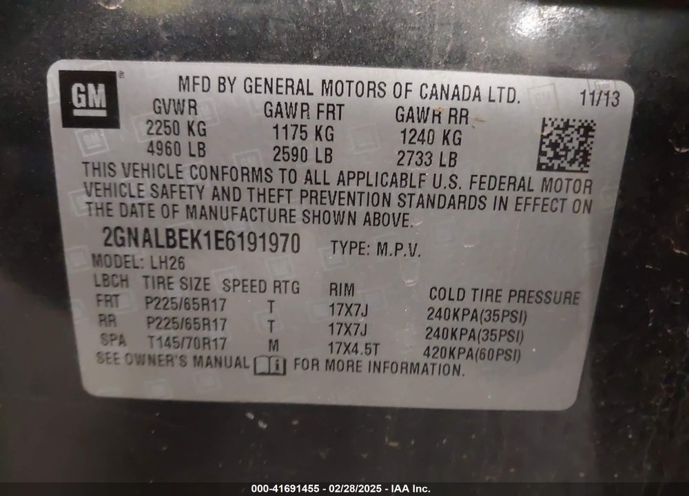 2014 CHEVROLET EQUINOX VIN: 2GNALBEK1E6191970