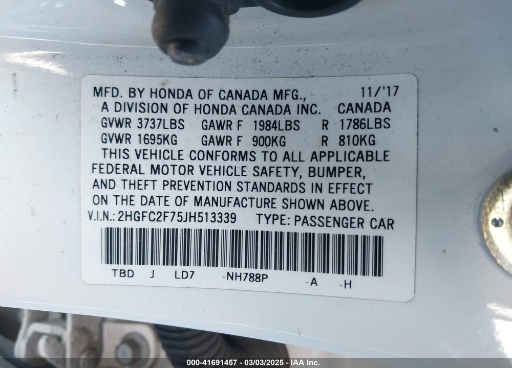 2018 HONDA CIVIC EX VIN: 2HGFC2F75JH513339