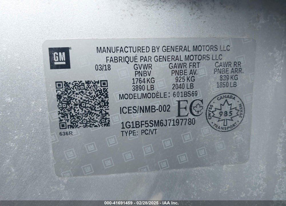 2018 CHEVROLET CRUZE VIN: 1G1BF5SM6J7197780