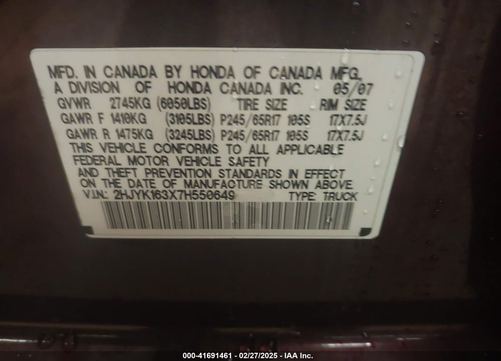 2007 HONDA RIDGELINE RTX VIN: 2HJYK163X7H550649
