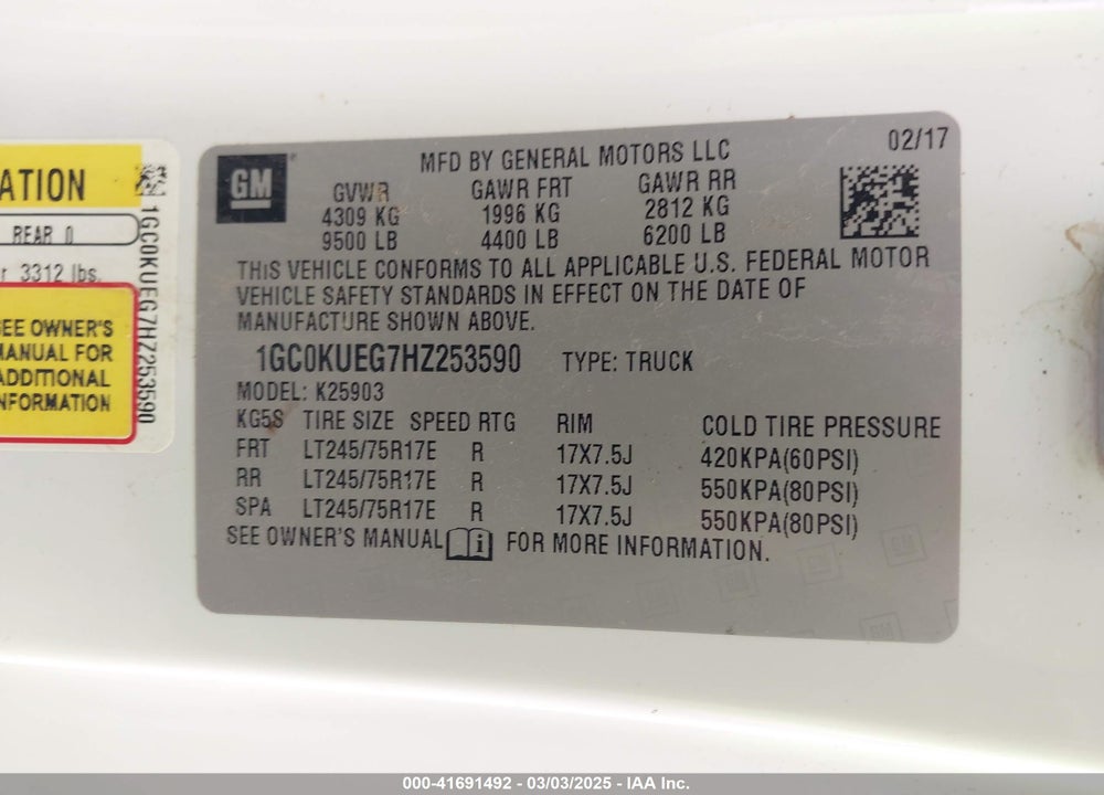 2017 CHEVROLET SILVERADO VIN: 1GC0KUEG7HZ253590